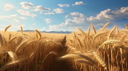 Wheat field in the sun close-up during harvest season