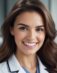 A beautiful smiling brunette dentist woman standing inside a dentist practice. Perfect smile ad.