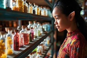 a woman looking at bottles - obrazy, fototapety, plakaty
