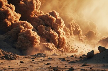 a large cloud of dust and debris in a desert