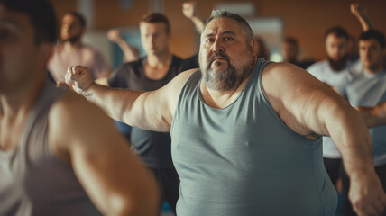 A group of overweight men exercising in a gym class.