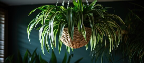 A Pandanus plant is suspended from the ceiling of a room, hanging down with chains. The plant leaves cascade gracefully, adding a touch of greenery to the space.