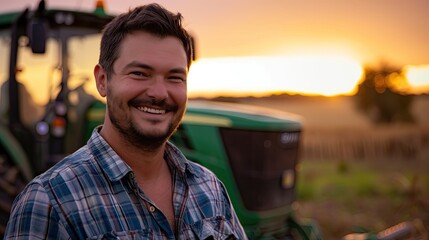 Portrait of a handsome young farmer standing in a shirt and smiling at the camera, on a tractor and nature background. Concept: bio ecology, clean environment, beautiful and healthy people, farmers. - 748269696