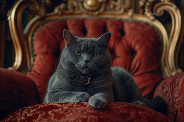 Regal Russian Blue cat perched on a velvet chair, capturing its dignified elegance, shot with a...