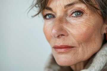 Fototapeta premium Beautiful gorgeous 50s mid aged mature woman looking at camera isolated on white. Mature old lady close up portrait. Healthy face skin care beauty, middle age skincare cosmetics, cosmetology concept