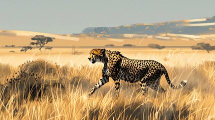 leopard walking through grass with a beautiful landscape, africa - Powered by Adobe