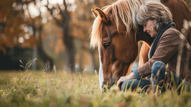 A female rider and her brown horse in a field, showcasing their friendship and love for one another.
