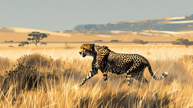 leopard walking through grass with a beautiful landscape, africa