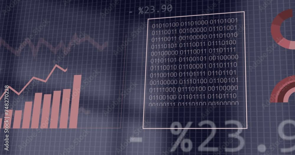 Poster animation of financial data processing over dark background