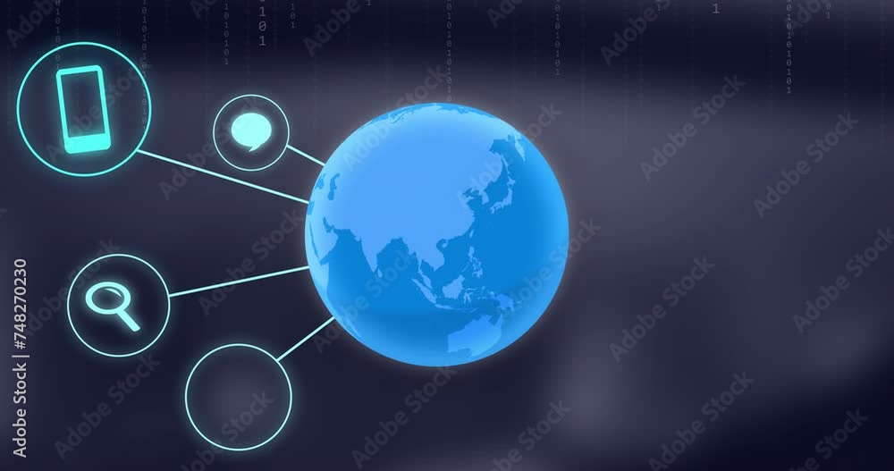 Poster animation of central blue globe with network of communication icons over binary data
