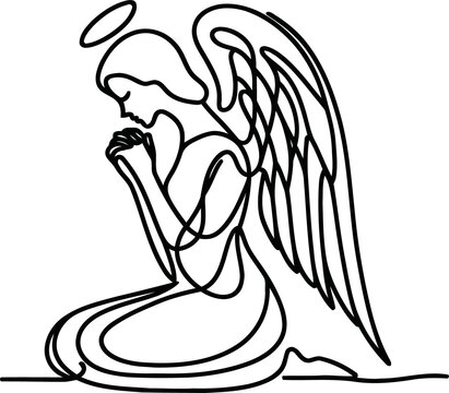 angel in continuous line drawing, minimalist, simplicity contour, christian pray, 