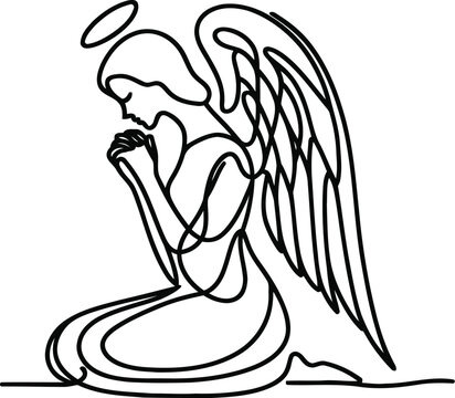 angel in continuous line drawing, minimalist, simplicity contour, pray, 