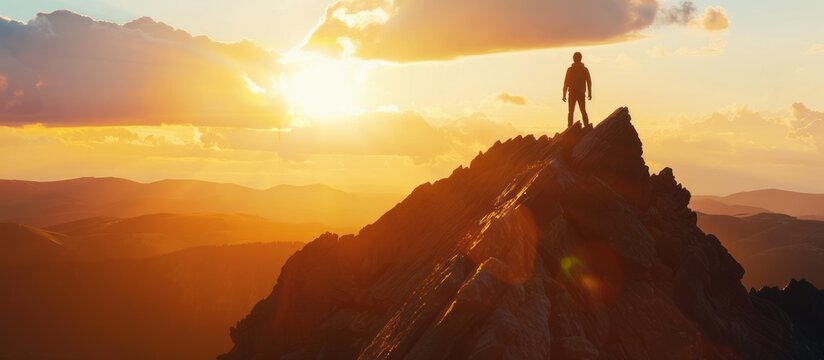 man on the top of a mountain. sunset sunrise view
