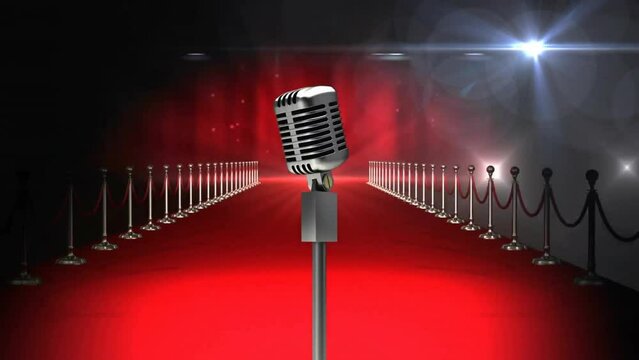 Animation of microphone and light trails over red carpet on black background