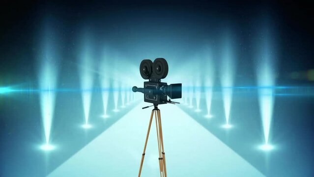 Animation of movie camera and spot lights on blue background
