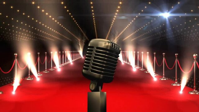 Animation of microphone and spot lights over red carpet on black background