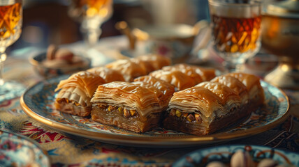 A plate of delicious Turkish baklava with pistachios and walnuts.
