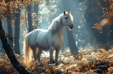 Obraz na płótnie Canvas a white unicorn standing in a forest