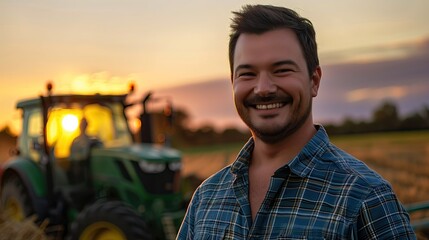 Portrait of a handsome young farmer standing in a shirt and smiling at the camera, on a tractor and nature background. Concept: bio ecology, clean environment, beautiful and healthy people, farmers. - 748271082