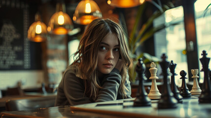 A young woman playing strategic chess.