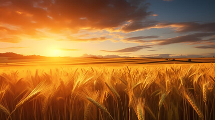 Obraz premium Wheat field in the sun close-up during harvest season