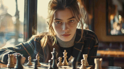 A young female chess player competing in a strategic game. - obrazy, fototapety, plakaty