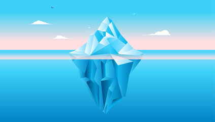 Iceberg vector illustration - Calm antarctic ocean scene win ice mountain in water showing half under water and other half on top of sea. Full screen background in flat design and blue colours