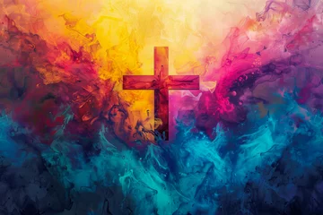 Foto op Canvas Abstract colorful painting of a cross symbolizing faith and spirituality amidst vibrant chaos. A fusion of art and belief in bright, emotive colors © Mirador