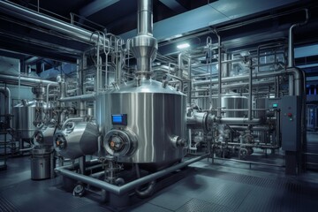 An expansive view of an industrial batch mixer amidst the metallic landscape of a bustling factory