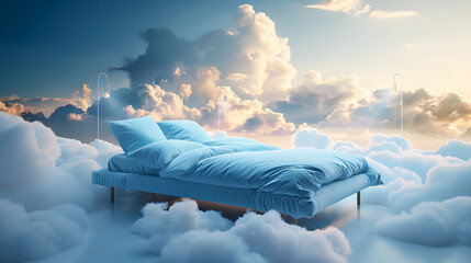 Bed stand in blue fluffy cloud - symbolic for good sleep, sky setting - obrazy, fototapety, plakaty