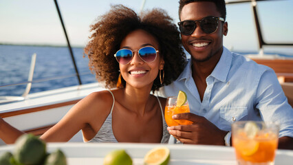 Beautiful african american young couple enjoying a cruise on a yacht at sunset. Summer holidays, travel and tourism concept 