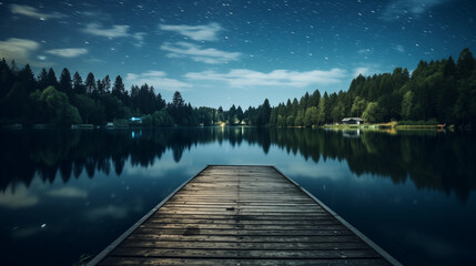 A starry night sky reflecting on a calm lake, with a dock leading into the water. 