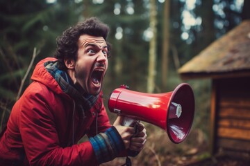 Man with crazy eyes shouts into a red loudspeaker in a remote forest, but no one hears him. - obrazy, fototapety, plakaty