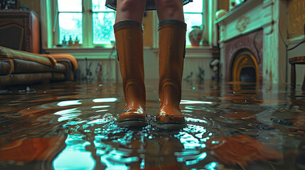 Close-up of a woman's feet in rubber boots standing in Flooded Floor From Water Leak