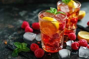 two glasses of ice tea with raspberries and mint