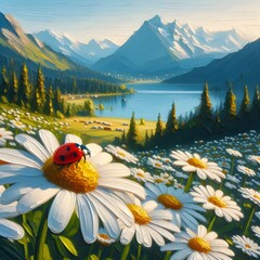 a beautiful mountain landscape with a lake in the foreground and a mountain range with ladybug, AI Generate 
