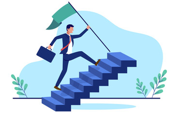Businessman going up stairs - Ambitious business person running up career staircase with green flag in hand, heading for the top and success. Flat design vector illustration with white background