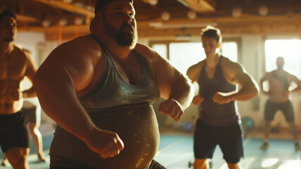 Group of overweight men exercising in the gym to lose weight and get fit.