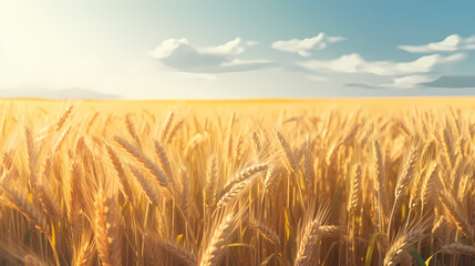 Naklejka premium Wheat field in the sun close-up during harvest season