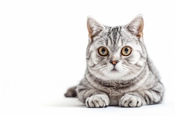 Fototapeta na wymiar Portrait of a silver tabby British shorthair cat looking at the camera isolated on a white background