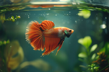 Tranquil beta fish in a small aquarium, delicate fins gracefully floating, captured with a...