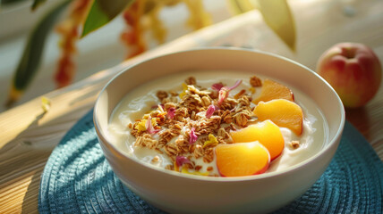 Fresh and delicious yogurt bowl with muesli and fruit.