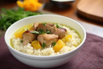 a bowl of food with meat and rice