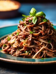 a plate of noodles with meat and vegetables