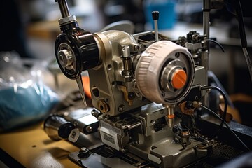 Detailed perspective of a stitcher head amidst the hum of a busy factory floor