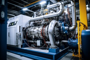 A comprehensive look at an engine test stand amidst the intricate network of machinery and pipework in an industrial setting