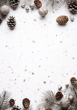 a group of pine cones and pine needles on a white surface