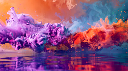 background with collision of purple and orange paint upon a reflective water surface