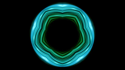 Glowing neon pulsating floral shape with dark hole in the middle on a black background. Animation....