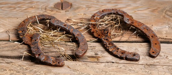 rusty horseshoes with straw